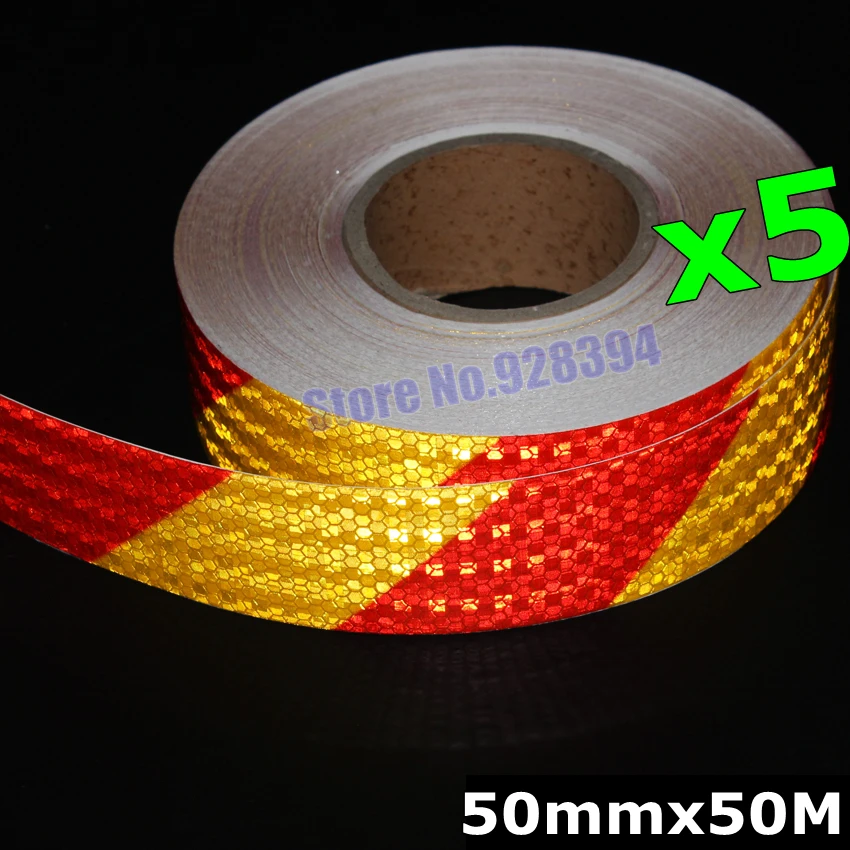 5Rolls 50mmx50M Safety Red&Yellow Stripe Reflective Adhesive Tape Reflective Tape Sticker