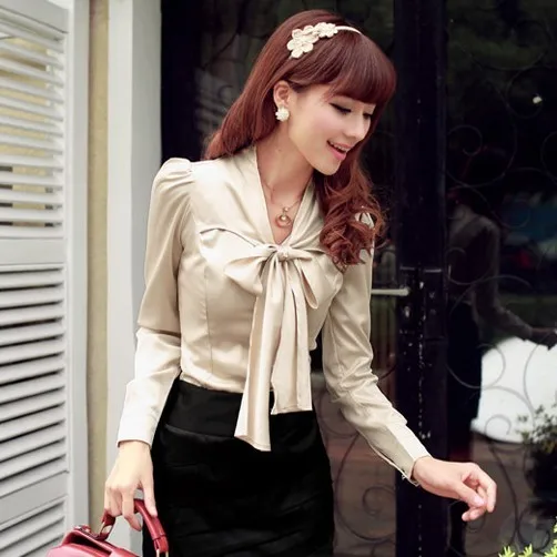 2013 Korea spring fashion slim satin blouse bow chiffon long sleeve ol