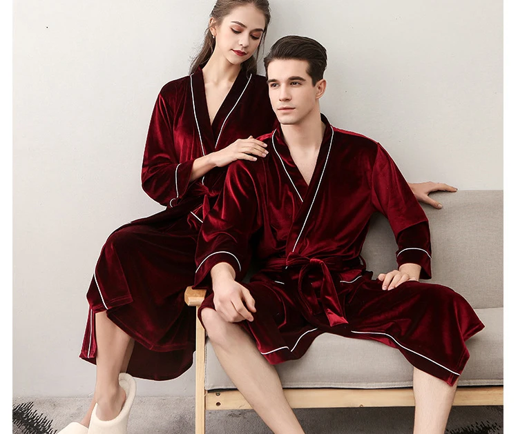 Men Women's Sleep Lounge Robes Gold Velvet Autumn Nightgrowns Couple Robe Bathrobe Male Female Dressing Gown Lounge Homewear 2