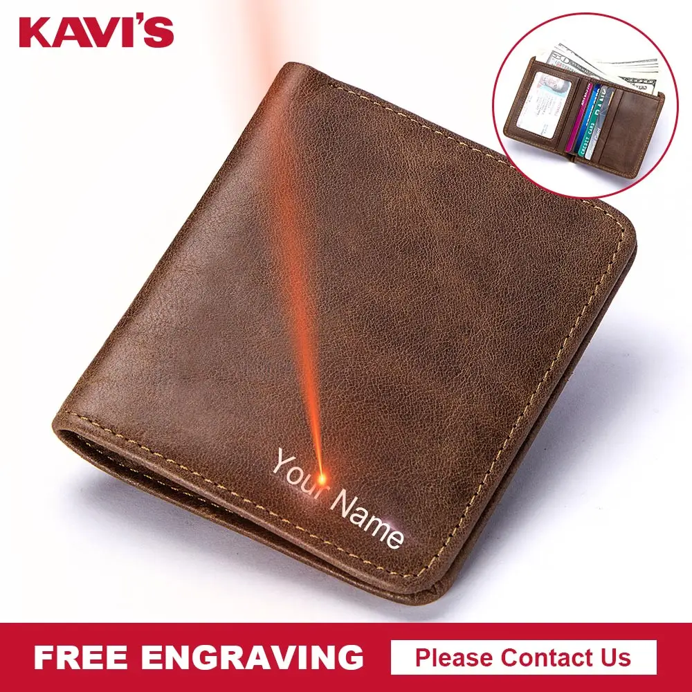 

KAVIS Brand Free Engraving Genuine Cowhide Leather Men's Small Wallet Money Purses Male Credit Cards Holder Carteira Walet Name