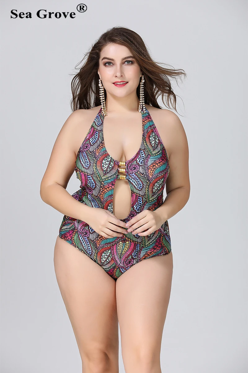 Женские купальники большого размера 3XL/4XL/5XL цельный купальный костюм с принтом сексуальный купальник с открытой спиной для девушек