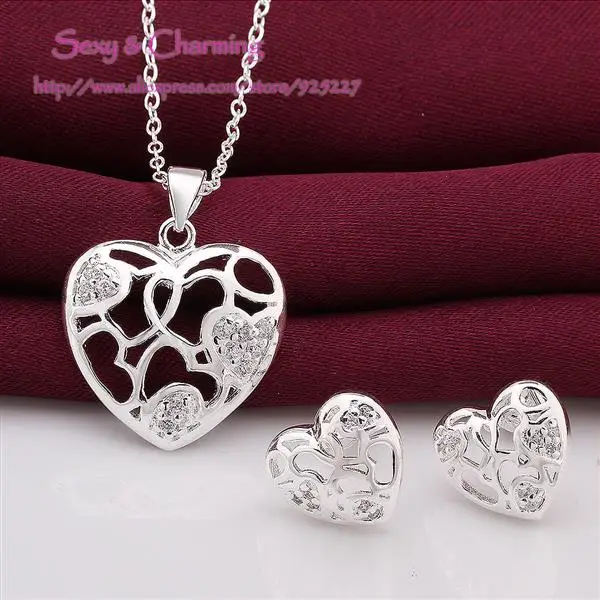 S745 Sets Silver Plated With Crystal Love Heart Shaped Necklace&Ear