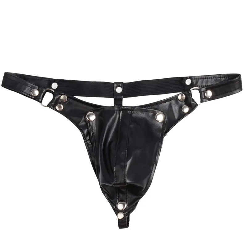 Sexy Mens Faux Leather Gay Male Underwear Buckled Bulge Pouch Briefs G-string Jockstrap Underwear with Sexy Hole men stretch g string panties men stretch thong underwear men patent leather briefs men lingerie briefs
