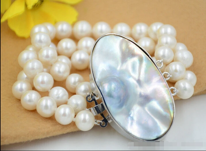 

z6447 3strands 11mm ROUND white Fw cultured PEARL bracelet mabe clasp 8inchNoble style Natural Fine jewe Fast (D) SHIPPING