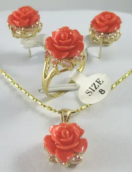 

12MM Pink Coral Carved Flower Earrings Ring Necklace Pendant