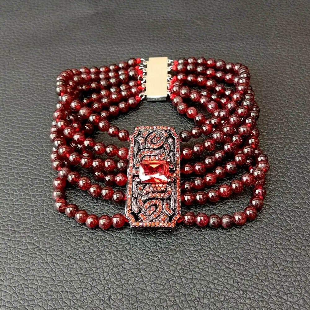 

8'' 6 Strands Natural 4MM Round Garnet Bracelet CZ Connector