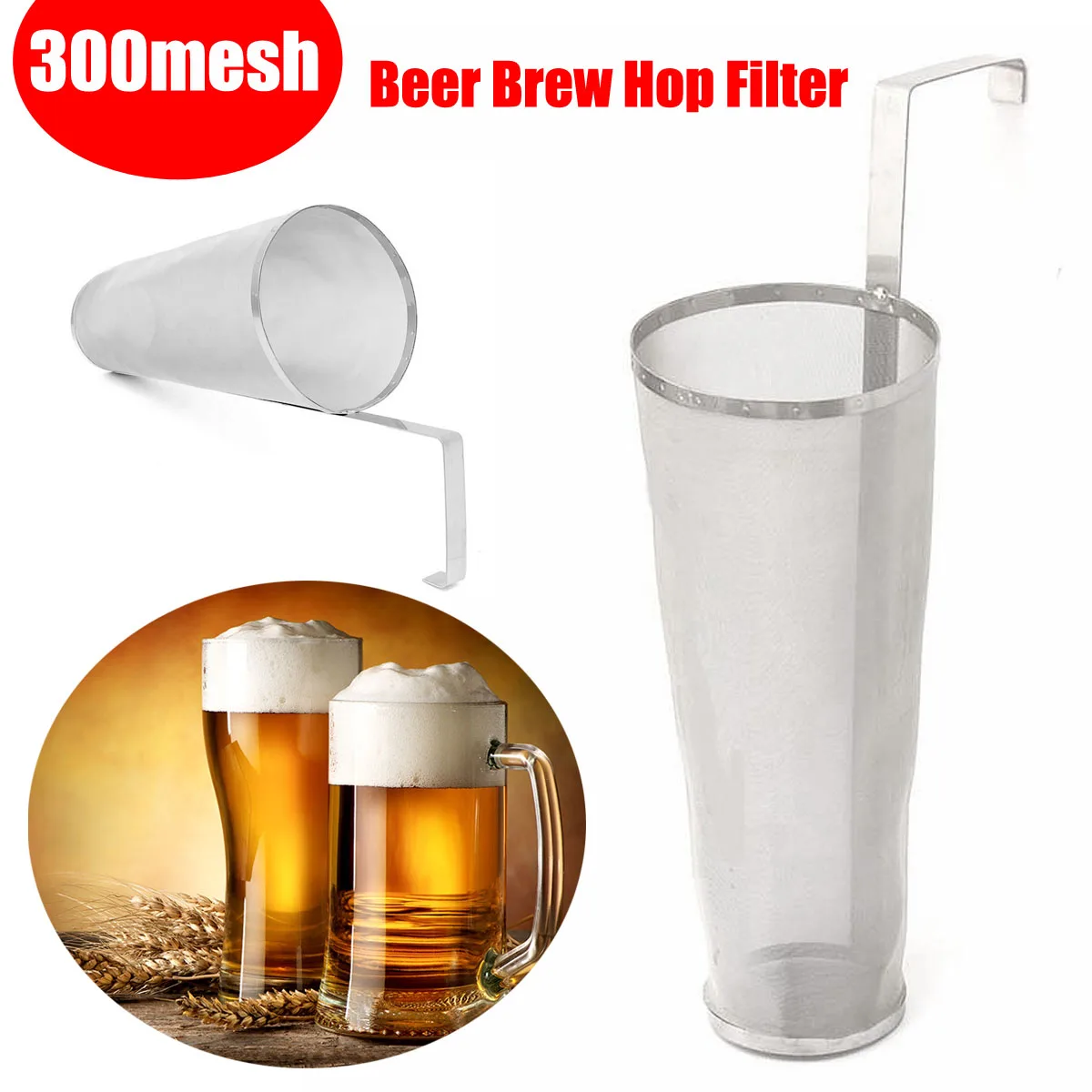 

300 Micron Stainless Steel Homemade Brew Beer Hop Mesh Filter Strainer with Ho 35x10cm