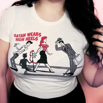 

hahayule-JBH 1pcs Satan Wears High Heels Women Tshirt Vintage Summer Tops Harajuku Short Sleeve T Shirt Women Oversize Tumblr