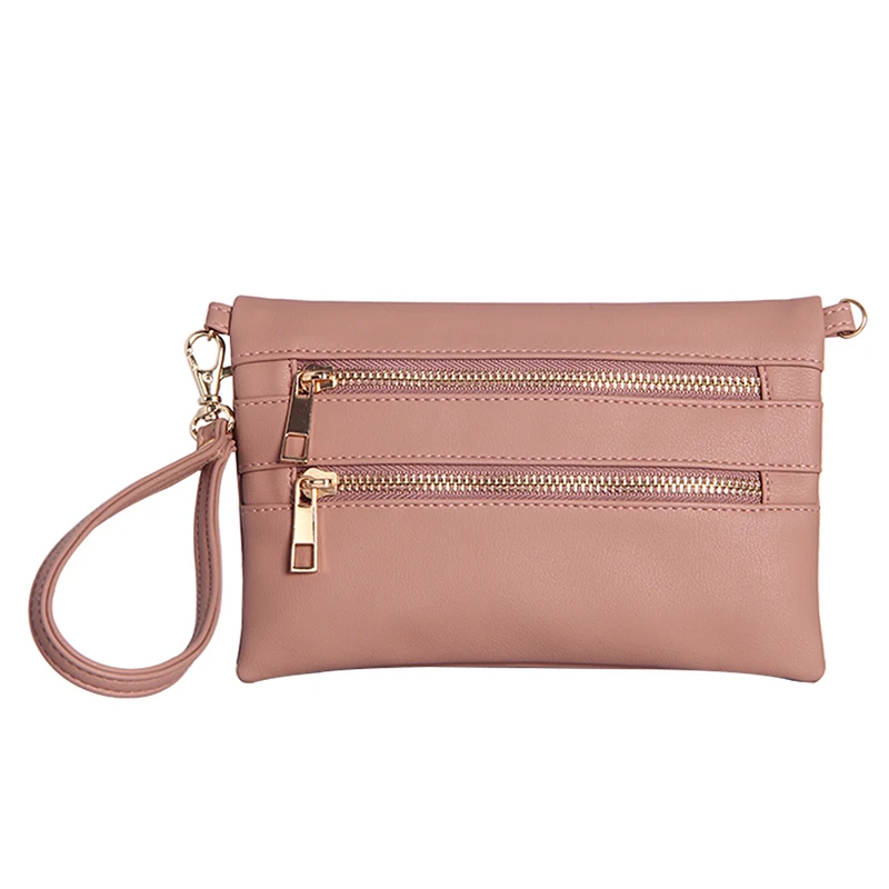 Wristlet Clutch Bag Dual Zipper Design Women Soft PU Leather Bifold