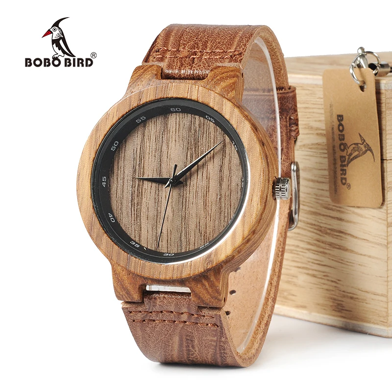 BOBO BIRD WD22 Zebra Wood Watch Men Grain Leather Band Scale Circle Brand Designer Quartz Watches for Men Women in Wooden Box