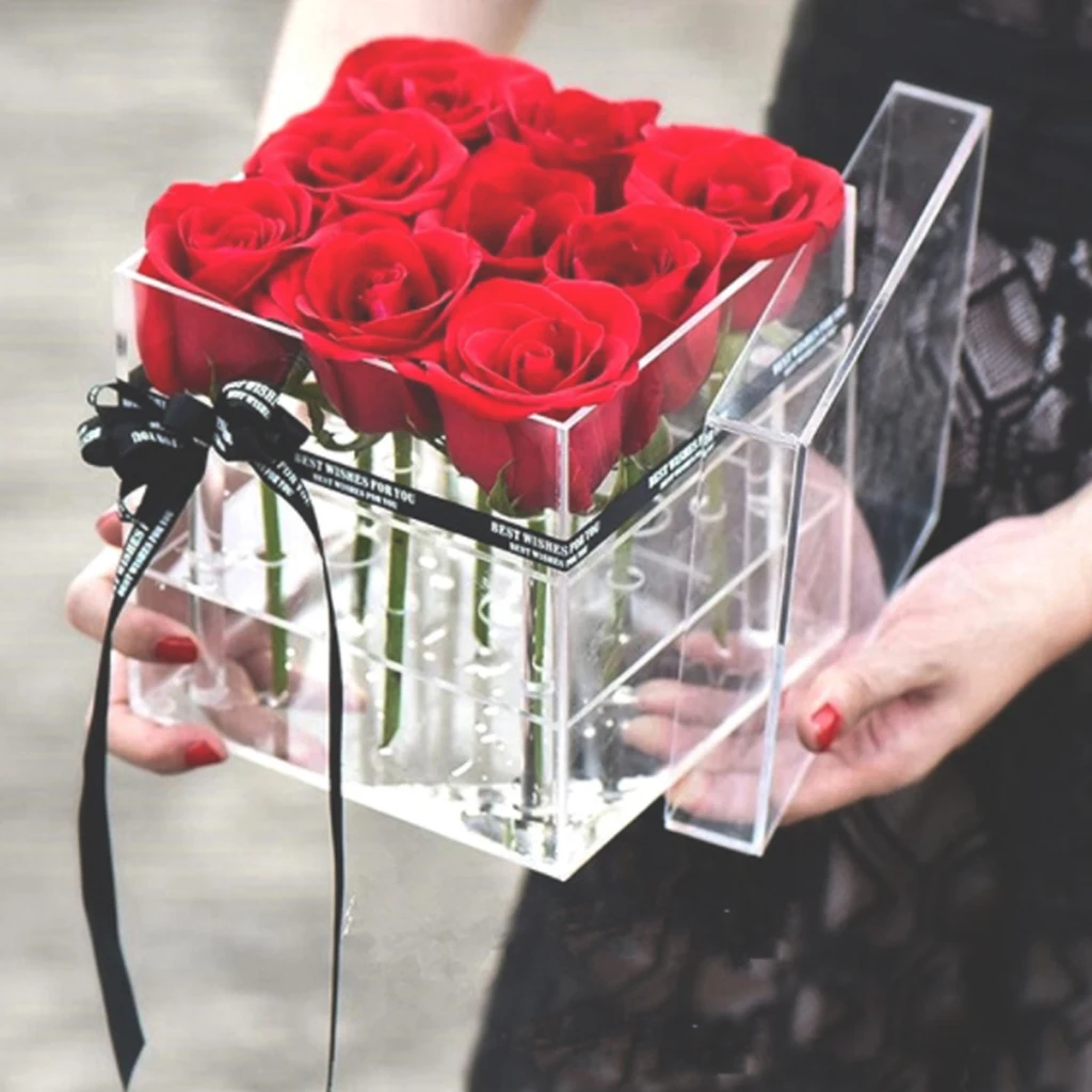 

Rose Flower Box Transparent Acrylic Makeup Organizer Material Cosmetic Case Holder With Lid Makeup Organizer for Valentine's Day
