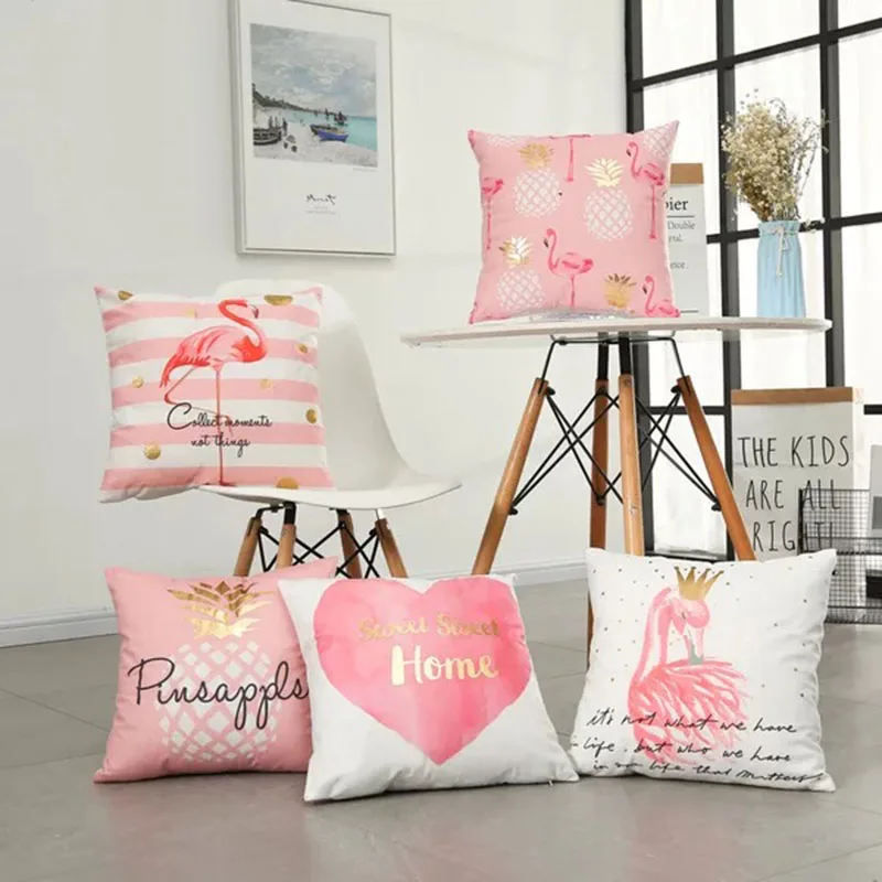 

Home Decorative Pink Flamingos Gold Pineapple Pillow Cover Soft Gold Foil Square Cushion Cover For Sofa Bed 43x43cm Zip Open