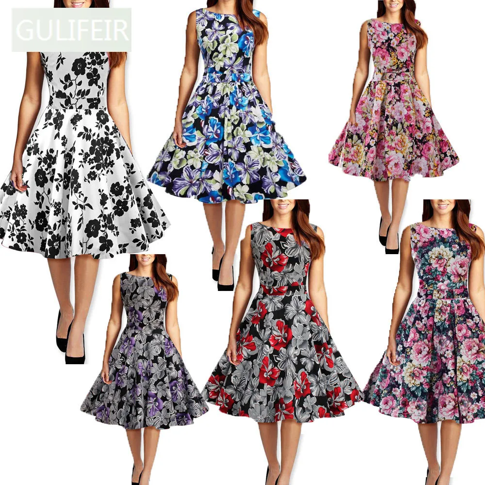Gulifeir 2017 одри хепберн отпечатано женщины dress 50 s 60 рок н ролл восстановление