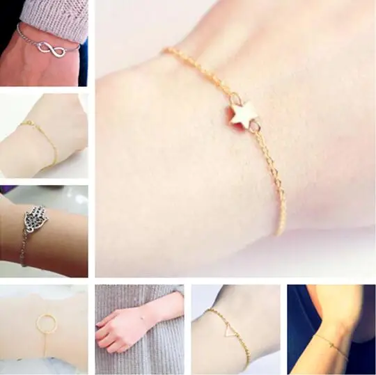 

2018 new sleek minimalist alloy geometric round triangle five-pointed star heart-shaped cross peace dove female bracelet