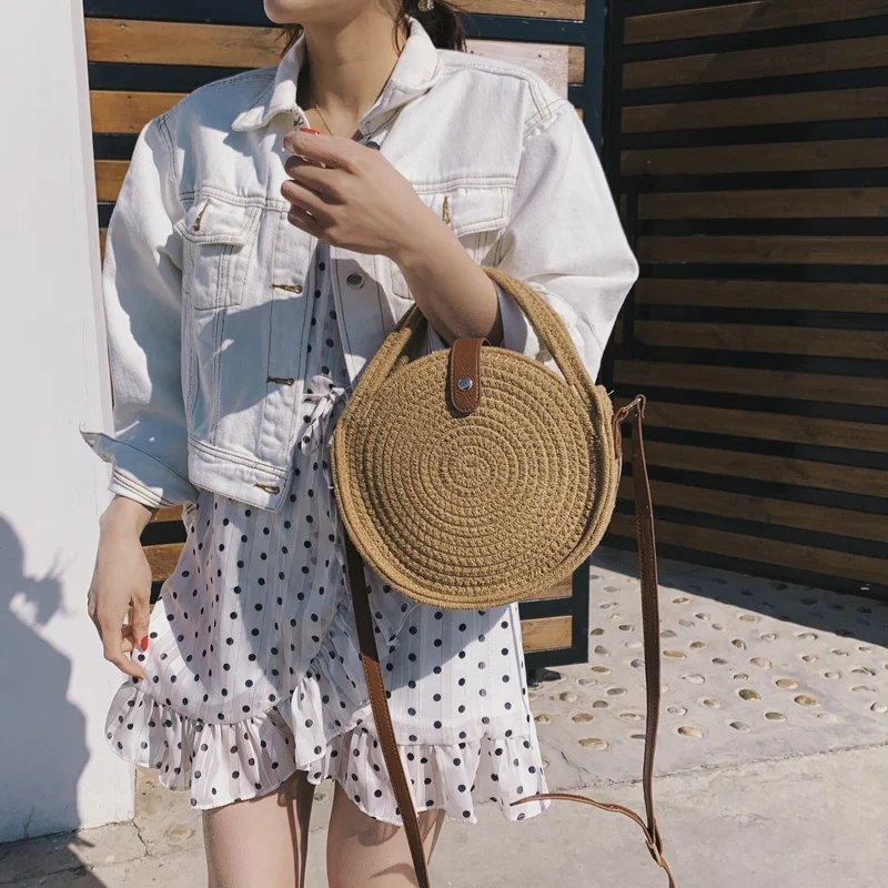 

JHD-Handmade Rattan Women Round Lady'S Handbag Straw Knit Summer Beach Bag Woman Shoulder Messenger Bag