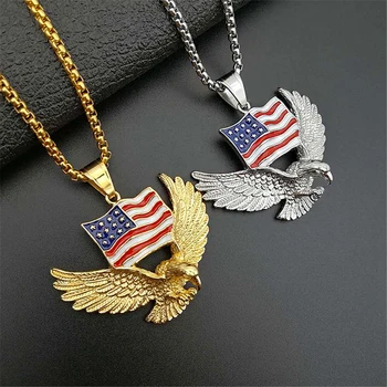 

American Flag Eagle Necklace Statement Jewelry Gold Color Stainless Steel Hawk Animal Charm Pendant & Chain For Men
