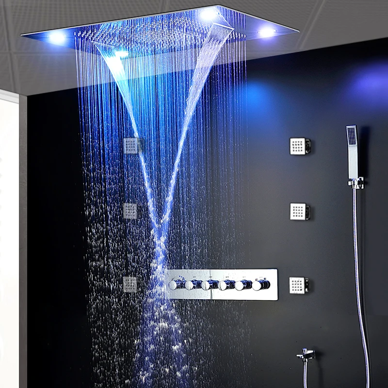 Us 1676 88 2019 Luxury Modern Ceiling Electric Led Shower Head Set Rainfall Waterfall Shower Kit Faucets With 6 Pcs Massage Body Spray In Shower