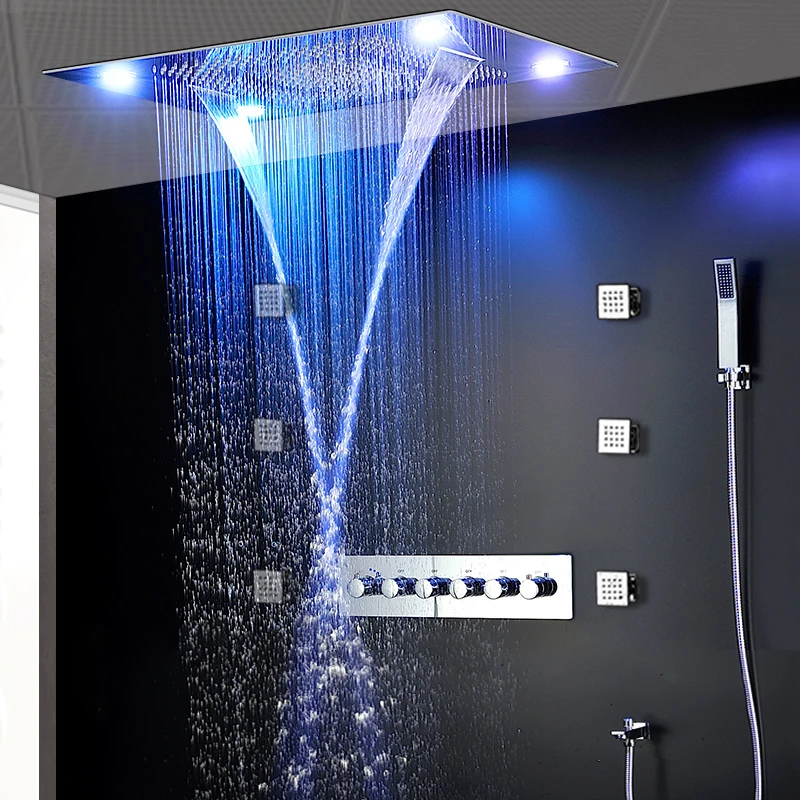 2020 mewah modern langit langit listrik led shower head set curah hujan air terjun shower kit kran dengan 6 pcs pijat body spray