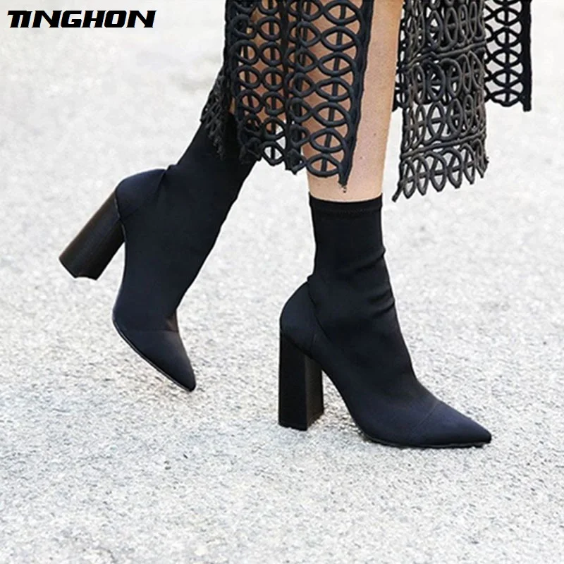

TINGHON Slim Stretch Ankle Boots for Women Pointed Toe Sock Boots Square High Heel Boots Shoes Woman Fashion Bota Feminina