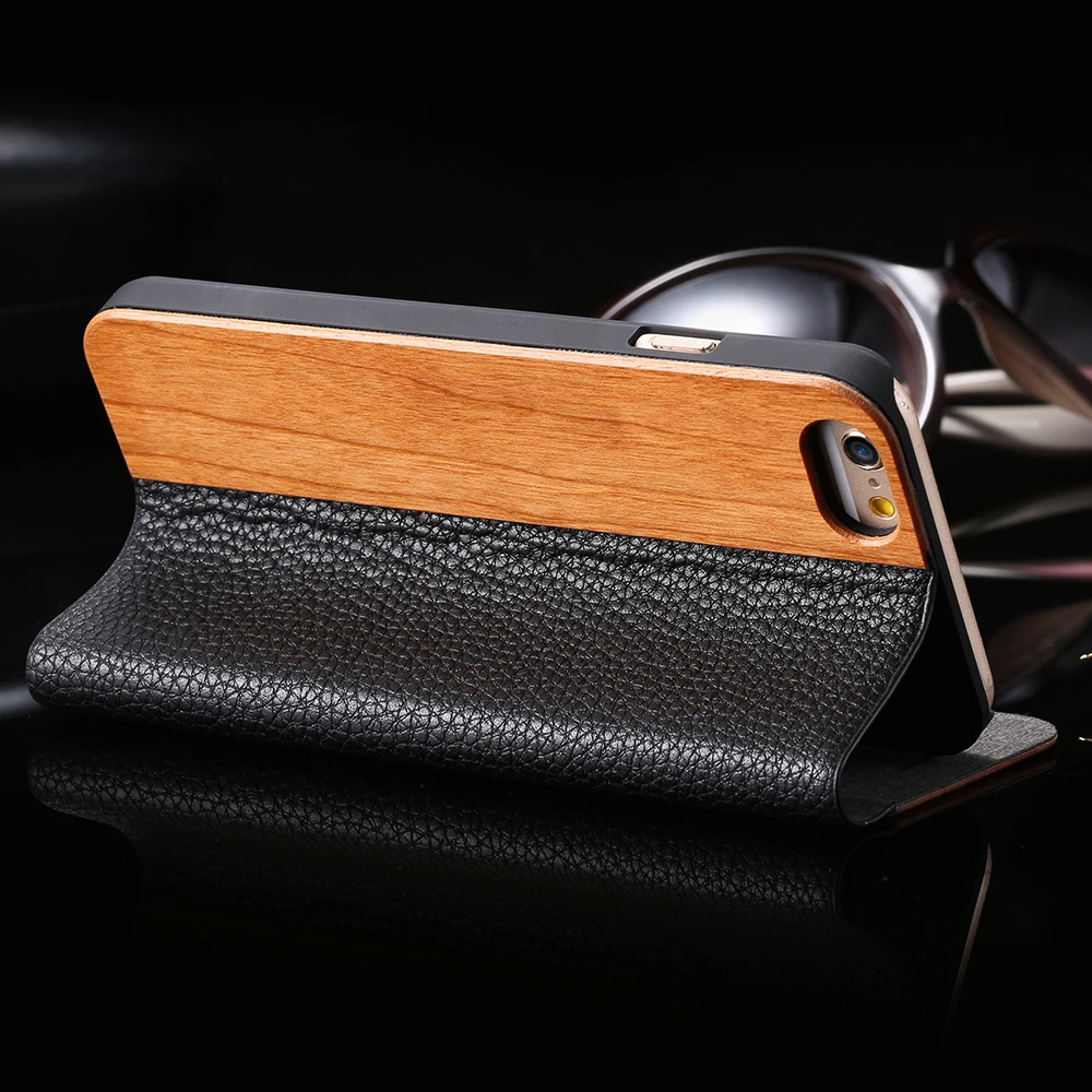  KISSCASE Wood Case For iPhone 11 XR XS Max Redmi Note 8 Case Wallet Stand Genuine Leather Flip Case