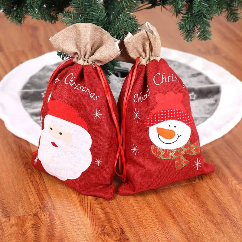 

Christmas Gift Holder Linen Cartoon Santa Claus Snowman Printed Drawstring Candies Carrier Bag