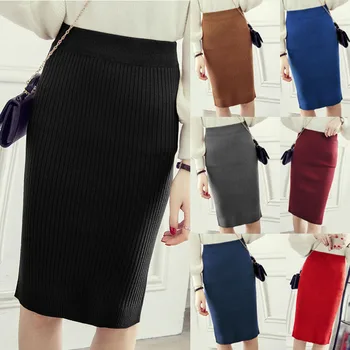 

Autumn Winter Women Knitted Pencil Skirts Stretch High Waist Knee Length Slim Office Lady Bodycon Long Skirt H9