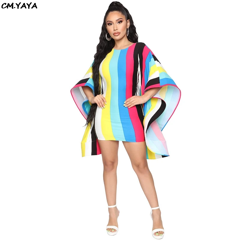 

2019 Women new rainbow stripes o-neck open back cloak sleeve sexy bodycon above knee mini midi dress club party dresses GLH3250