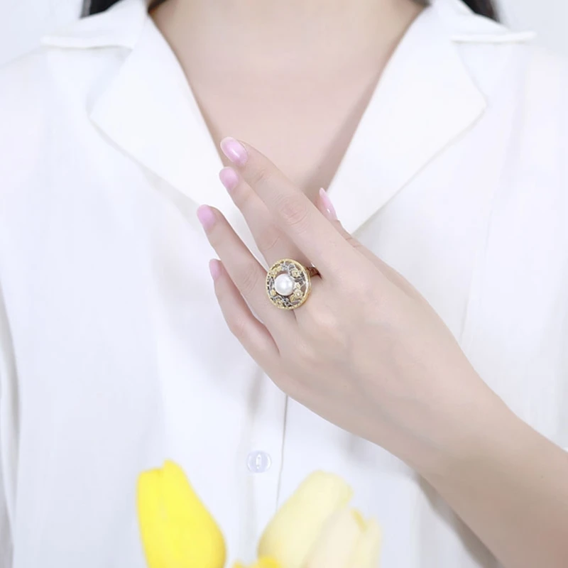 Кольцо из стерлингового серебра 925 пробы 11 мм с жемчугом, золото, ручная работа, ажурные цветы, натуральный пресноводный барочный жемчуг, кольца для женщин