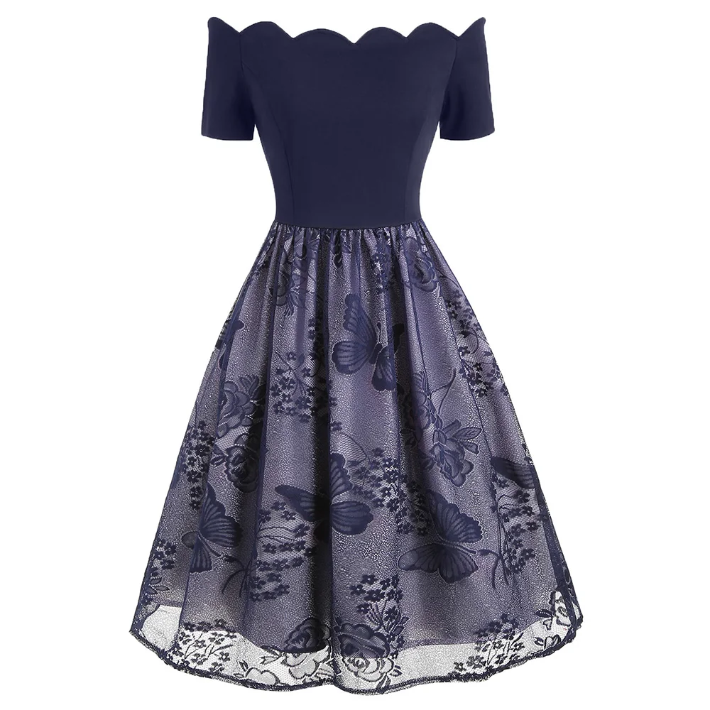 

Joineles Butterfly Lace Party Vestidos Sexy Off The Shoulder Short Sleeves High Waist Retro Dress 60s Knee Length Vintage Dress