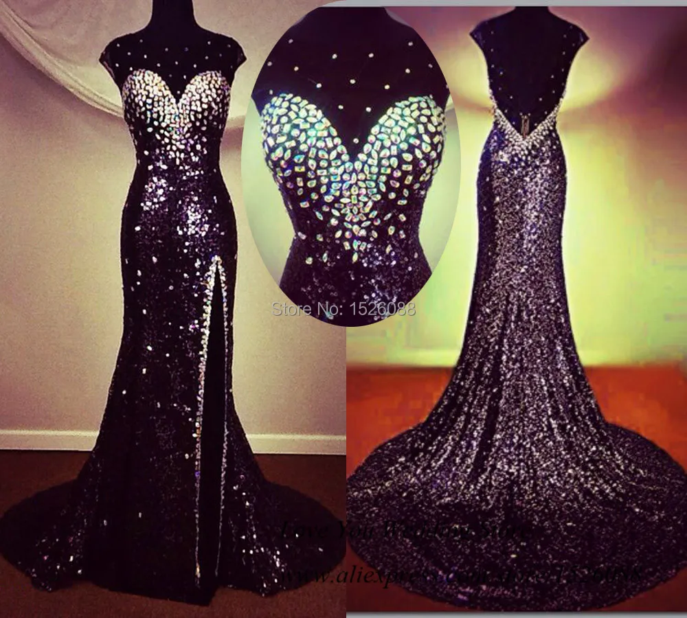 Glitter Elegant Long Black Evening Dress Crystals Vestido