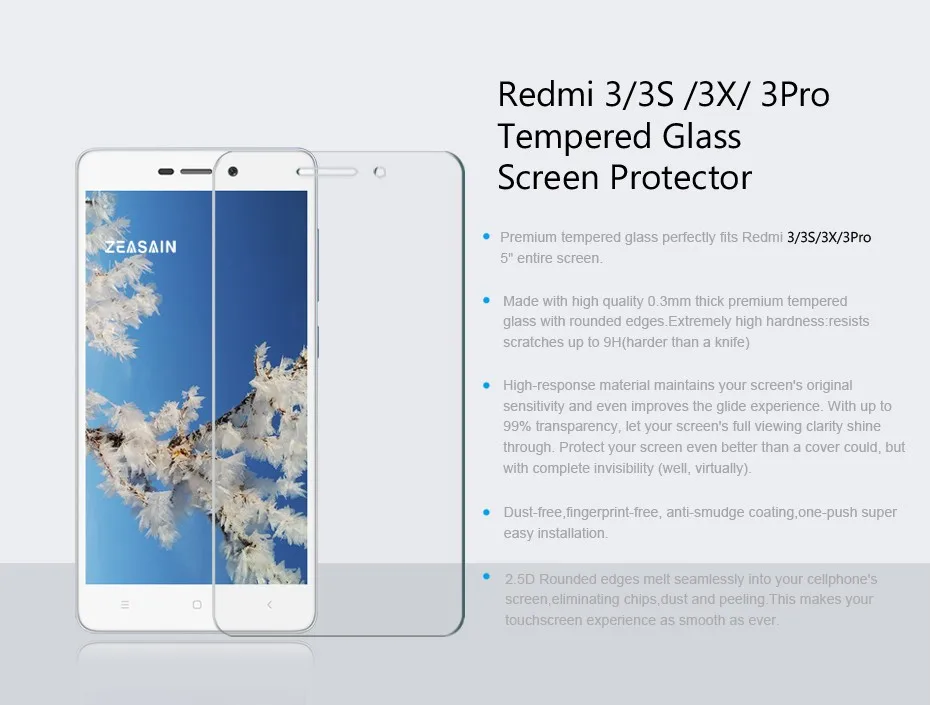 Original ZEASAIN 9H Premium Tempered Glass Film Screen Protector For Xiaomi Redmi 3 redmi3 HD Clear Anti-Scratch Protective Film (3