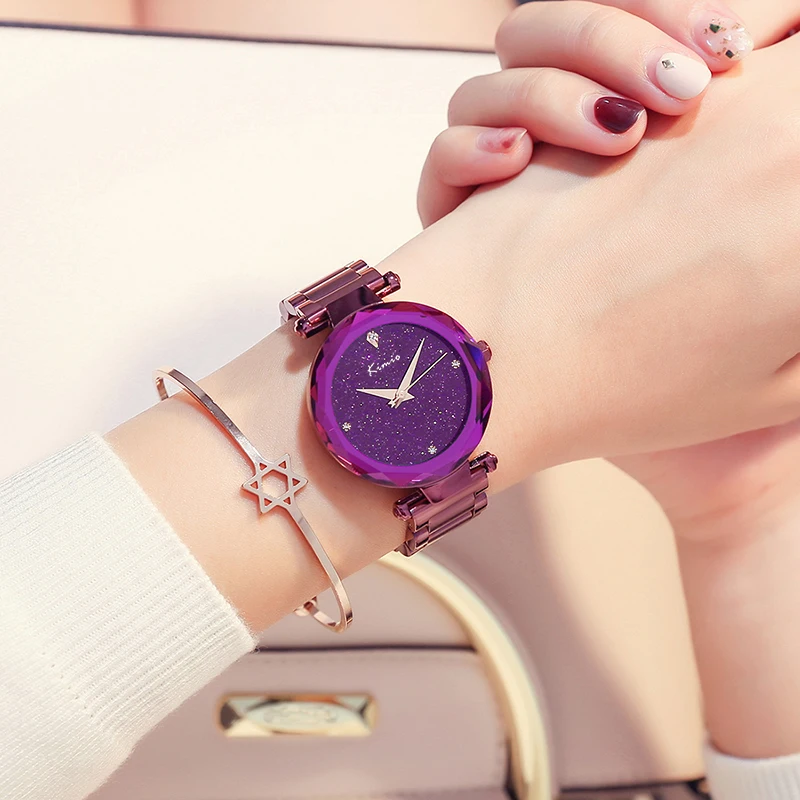 

KIMIO Brand Waterproof Star Women Watch Ladies Dream Purple Big Dial Diamond Bracelet Watches Simple stainless steel Wristwatch