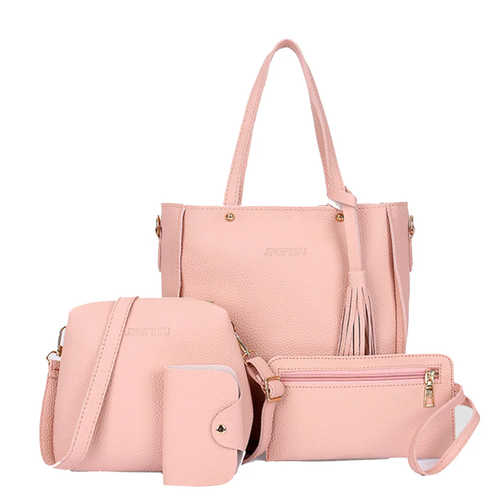 4pcs/set Women Bags Large Capacity Cosmetic Bag Set Tassel Handbag Fashion Shoulder Bag Purse Ladies Crossbody Bags - Цвет: Розовый
