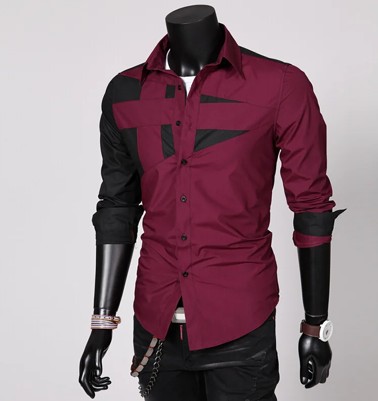 2016 Explosion Models Wholesale Fashion Korean Men Cultivating Long-sleeved Shirt Personality Solid Color Stitching