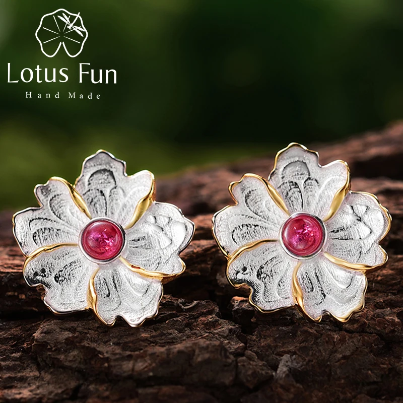 

Lotus Fun Real 925 Sterling Silver Earrings Natural Stone Original Handmade Fine Jewelry Peony Flower Stud Earrings for Women