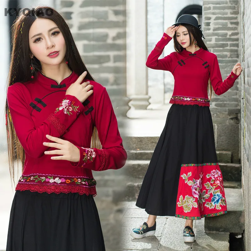 

KYQIAO Camisas femininas plus size women traditional Chinese clothing ethnic long sleeve mandarin collar red embroidery shirt