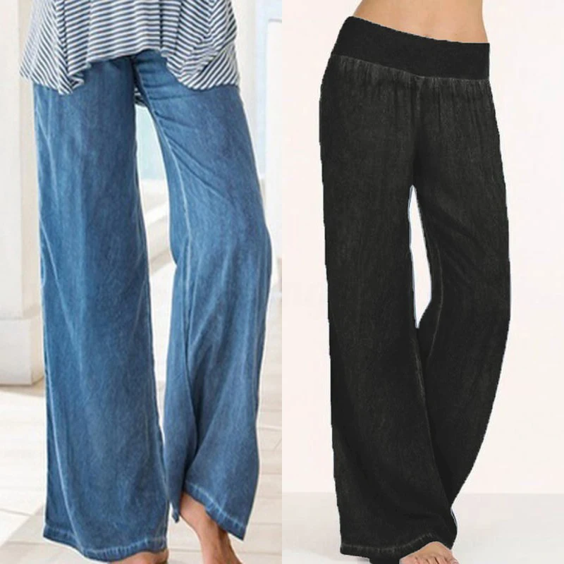 

Casual Women Trousers High Waist Long Harem Pant Loose Pleated Denim Blue Black Wide Leg Pants Party Plus Size S-5XL