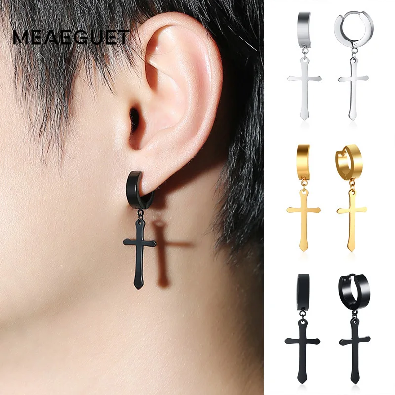Meaeguet Cross Dangle Earrings - Stainless Steel Round Drop Earrings for Women and Men - Trendy Party Jewelry image 2