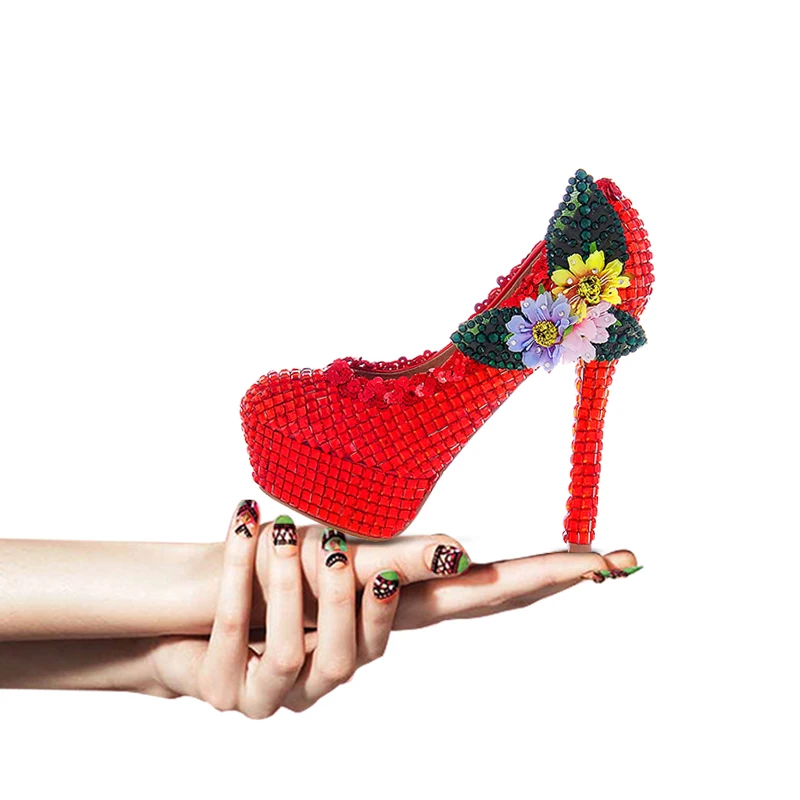 

Vivid Flower Red Crystal Pumps Bridal Wedding Rhinestone High Heel Shoes Formal Platform Party Dress Shoes All MatchPlus Size 43