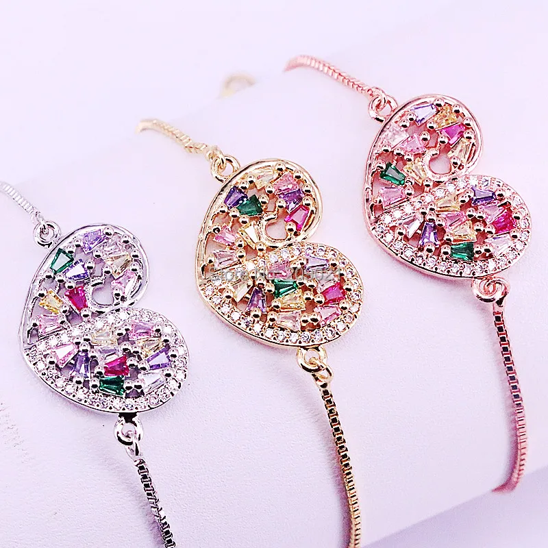 

10PCS, Shiny Colorful CZ Zircon Rainbow Charm Heart Bracelets for Women Jewelry
