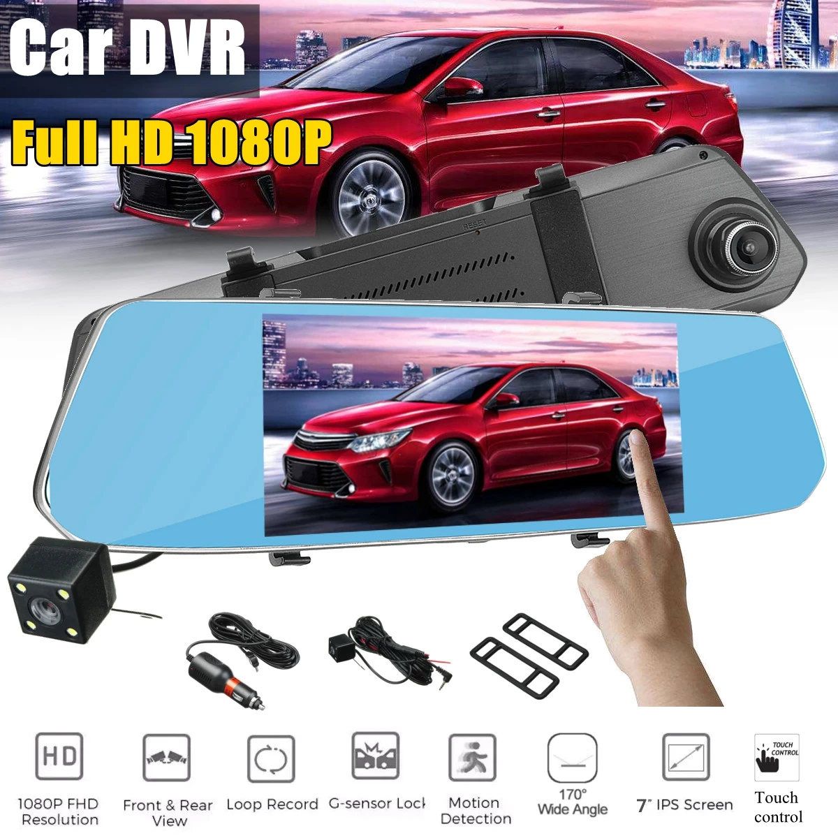 

HD 1080P 2.5D Screen Touch Display Dual Lens 7 Inch Rearview Mirror Camera Recorder Car DVR Dash Cam G-sensor