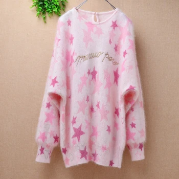 

Imported Korea female winter top quality pink sweet print angora rabbit fur o-neck loose long batwing sleeves pullover sweater