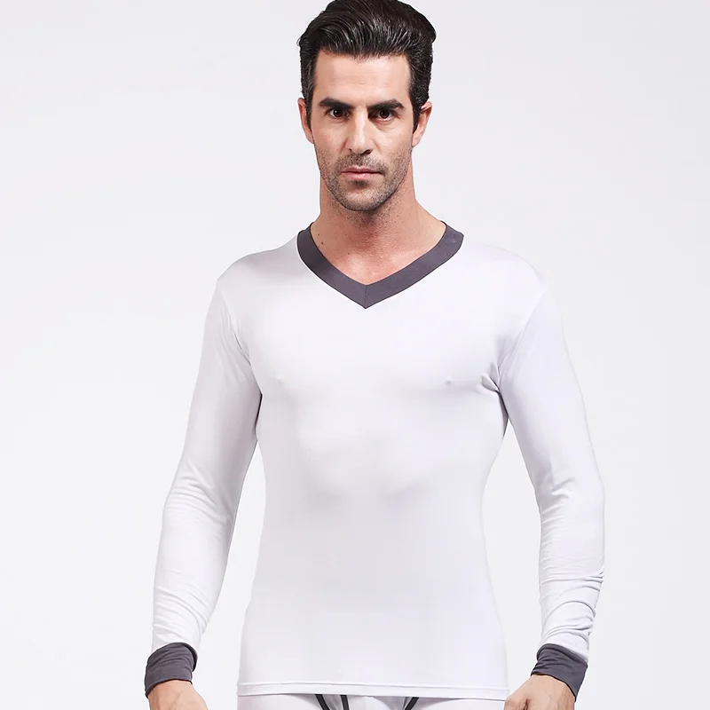 Мужское обтягивающее нижнее белье Modell с v-образным вырезом, теплое базовое нижнее белье, тонкая нижняя рубашка с вырезом на шее, длинная мужская термо-рубашка - Цвет: White