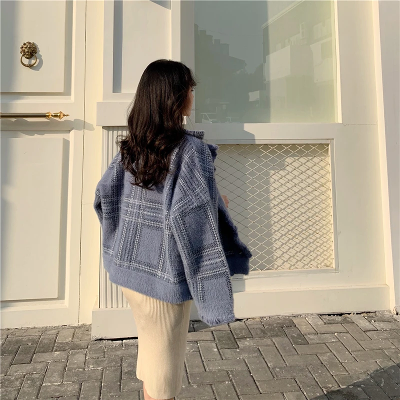 Chandail Manteau D'eau Vent Femelle 1 Court Velours Paragraphe coréen Nouvelle Imitation Cardigan Épais Paresseux 2018 Plaid Lâche 2 HWwq76XPF