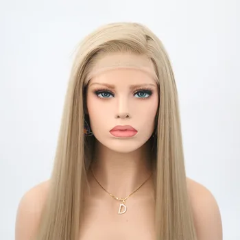 Rongduoyi Long Silky Straight Hair Synthetic Lace Front Wig Ash Blonde Side Part Cosplay Wig Glueless Front Lace Wigs for Women 4