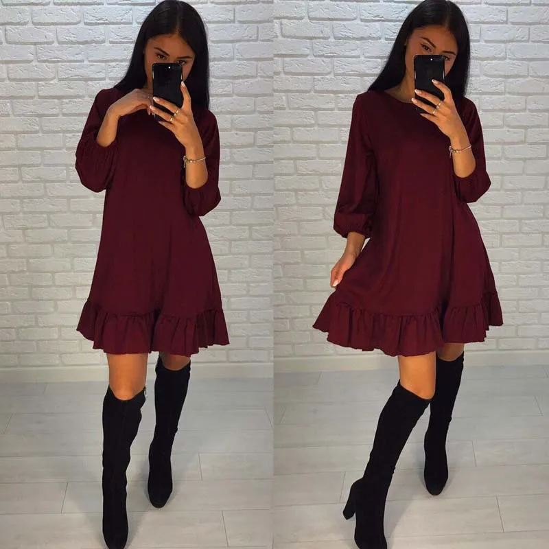 

2018 Europe style new arrival dress above knee,Mini female dress A-Line solid three quarter ruffles lantern sleeve empire dress