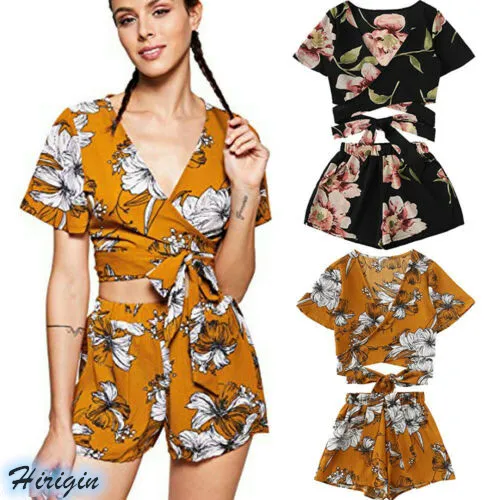 2 Piece Set Women 2019 New Summer Women Casual Floral Short Sleeve V-Neck Crop Tops+Loose Elastic Waist Shorts 2 Piece Set Women 2019 New Summer Women Casual Floral Short Sleeve V-Neck Crop Tops+Loose Elastic Waist Shorts