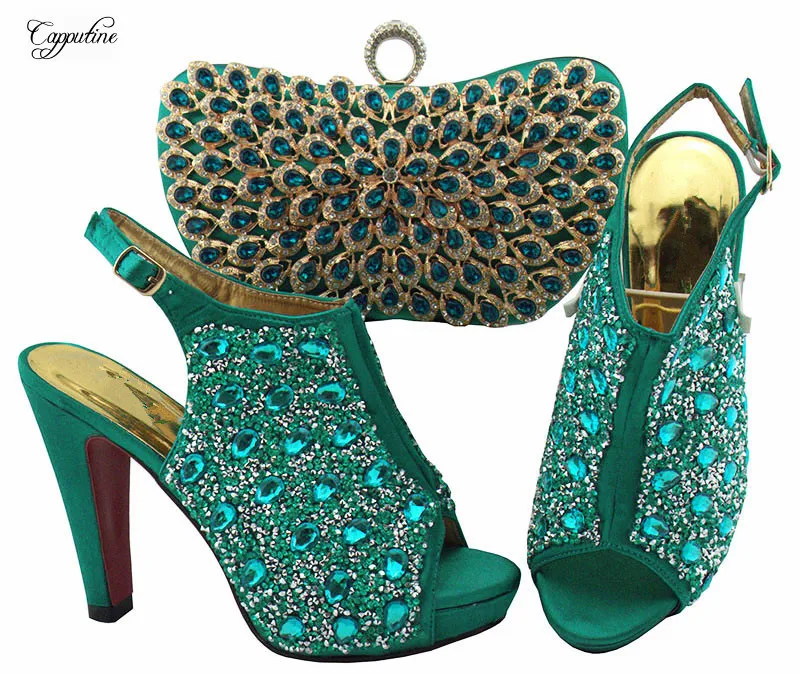Most fashion teal green party shoes and purse handbag set with stones