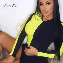 Artsu néon verde laranja bodycon macacão feminino manga longa bodysuit rave festival sexy macacão streetwear corpos mujer asju60047