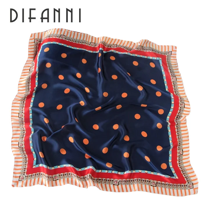 

Difanni New Europe America Style Silk Small Square Scarf 70*70cm Printed Fashion Dot Chain Silk Satin Scarf Female Silk Scarf